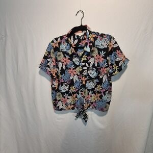 Pink Rose Vintage XL Top With Tie Tropical Aloha Style Resort‎ Wear Retro Boho